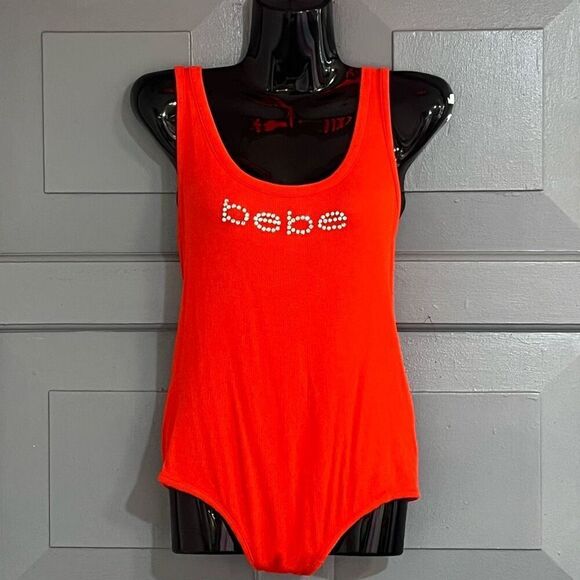 Bebe Red Ribbed Tank Bodysuit Tie Up Back Snap Botton NWT Sz XL - Picture 1 of 8
